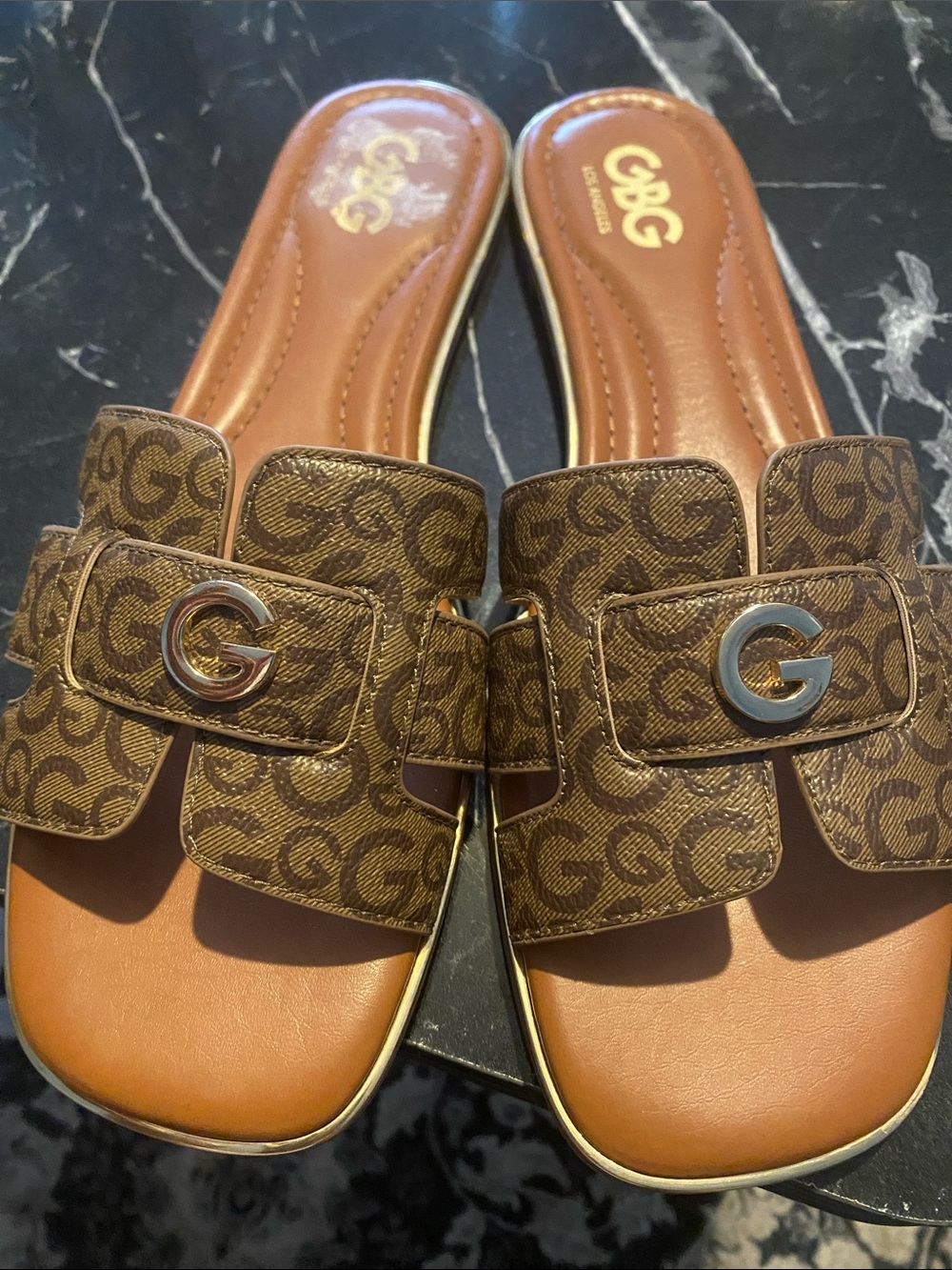G by Guess Brown Monogram Logo Slide Sandals